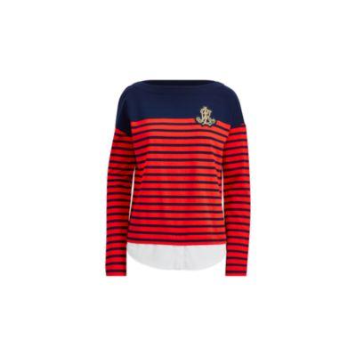 Ralph Lauren Striped Layered Cotton Sweater Tomato Red/navy