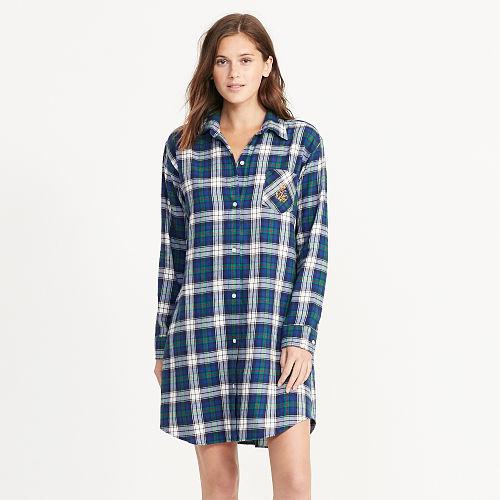 Ralph Lauren Lauren Plaid Cotton Twill Sleep Shirt Plaid Cream/blue/green