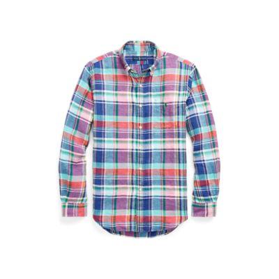 Ralph Lauren Classic Fit Plaid Linen Shirt Aegean Blue/red Multi