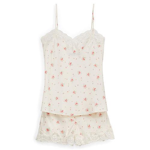 Ralph Lauren Lauren Floral-print Satin Short Set Cream Ground Ditzy