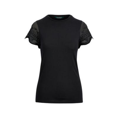 Ralph Lauren Tulle-sleeve Jersey Top Polo Black Lp