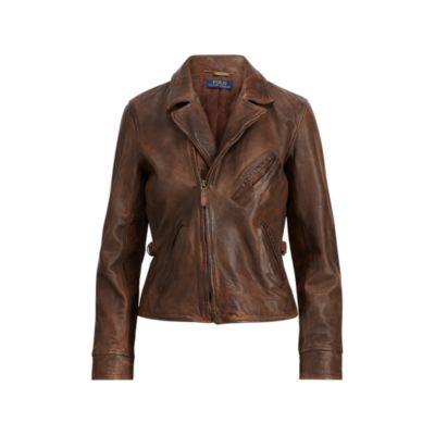Ralph Lauren Burnished Leather Moto Jacket Burnished Brown