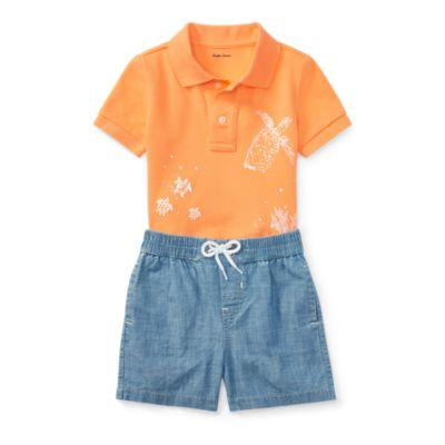 Ralph Lauren Mesh Polo & Chambray Short Set Fair Orange 24m