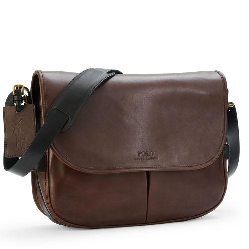 Polo Ralph Lauren Two Tone Leather Messenger Bag Mahogany/black