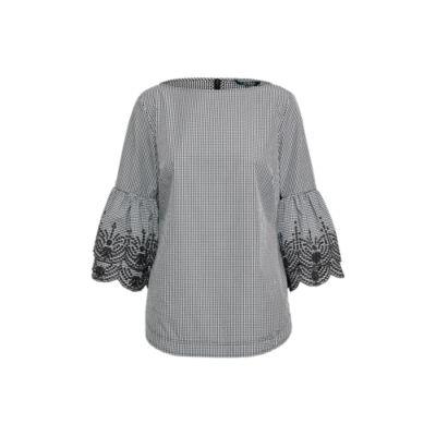 Ralph Lauren Eyelet-sleeve Gingham Top Black/white Xsp