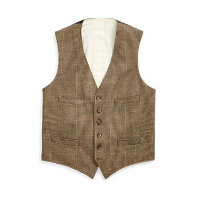 Ralph Lauren Tick-weave Wool-silk Vest Brow/tan W/green And Oran