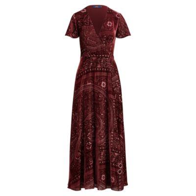 Ralph Lauren Burn-out Velvet Wrap Maxidress Maroon