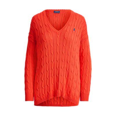 Ralph Lauren Cable Cotton V-neck Sweater Tomato
