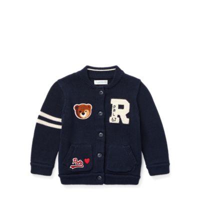 Ralph Lauren Bear Letterman Cotton Cardigan Hunter Navy 3m