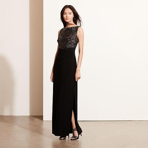 Ralph Lauren Lauren Petite Sequined-bodice V-back Gown Black Multi