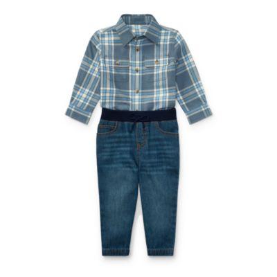 Ralph Lauren Plaid Shirt & Denim Jogger Set Navy/red Multi 6m