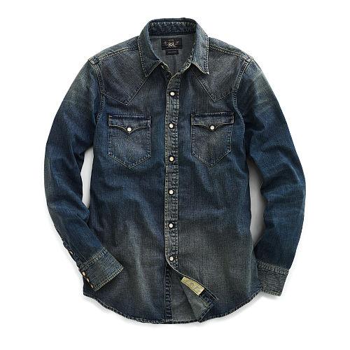 Ralph Lauren Rrl Slim Dark Denim Western Shirt Dark Wash