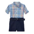 Ralph Lauren Plaid Shirt, Belt & Short Set Blue Multi 9m
