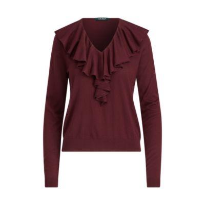 Ralph Lauren Ruffled V-neck Sweater Red Sangria Sp