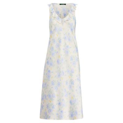 Ralph Lauren Ruffled Satin Gown Ivory/blue Floral