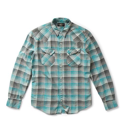 Ralph Lauren Rrl Plaid Cotton Western Shirt Rl 853 Turquoise Grey