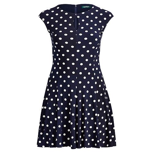 Ralph Lauren Lauren Woman Polka-dot Jersey Dress Lighthouse Navy