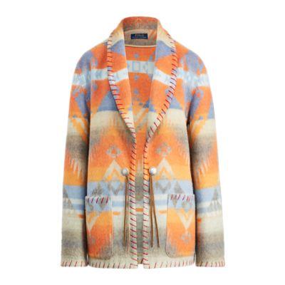 Ralph Lauren Geometric Wool Shawl Coat Blue Desert Multi