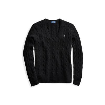 Ralph Lauren Cable-knit Wool V-neck Sweater Polo Black