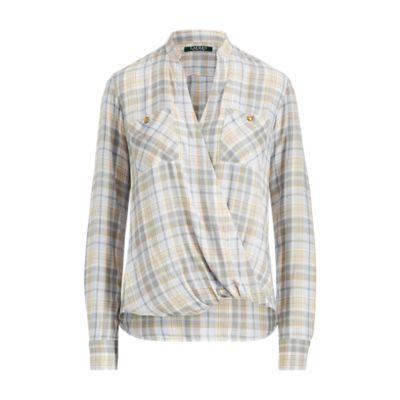 Ralph Lauren Plaid Surplice Twill Top Grey Multi