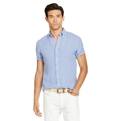Polo Ralph Lauren Plaid Linen Sport Shirt Pale Blue/white
