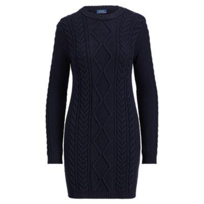 Ralph Lauren Aran-knit Wool Sweater Dress Navy