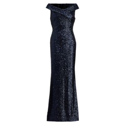 Ralph Lauren Metallic Off-the-shoulder Gown Lighthouse Navy Shine