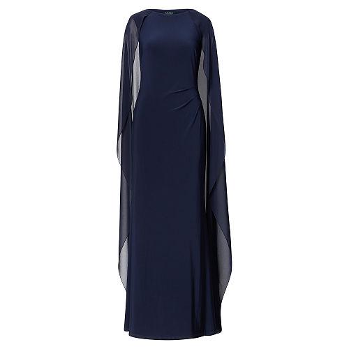 Ralph Lauren Lauren Georgette-cape Jersey Gown Lighthouse Navy