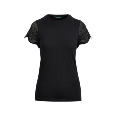 Ralph Lauren Tulle-sleeve Jersey Top Polo Black