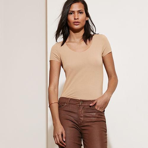 Ralph Lauren Lauren Petite Stretch Cotton Scoopneck Tee Tan