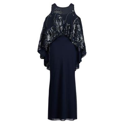 Ralph Lauren Cold-shoulder-cape Gown Lh Nvy/lh Nvy Shine