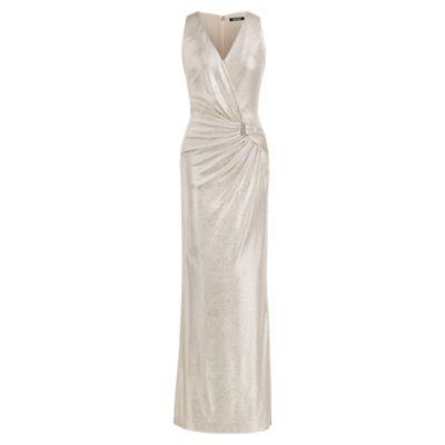 Ralph Lauren Metallic Stretch V-neck Gown Gold