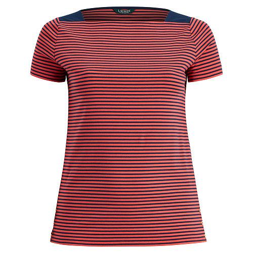 Ralph Lauren Lauren Woman Striped Cotton Boatneck Tee Fresh Tomato/true Indigo