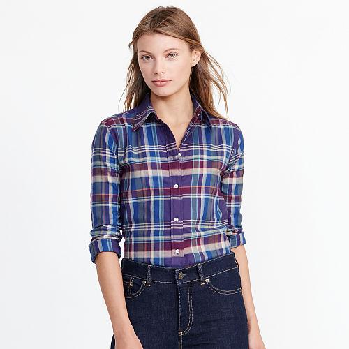Ralph Lauren Lauren Petite Plaid Cotton Twill Shirt Blue Multi