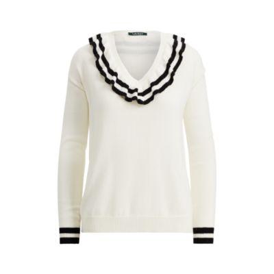 Ralph Lauren Ruffled Cotton-blend Sweater Cream/polo Black Sp
