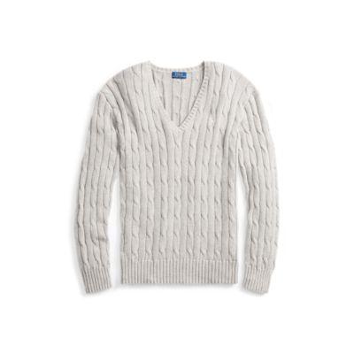 Ralph Lauren Cotton Cable V-neck Sweater Light Vintage Heather