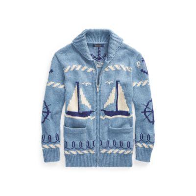 Ralph Lauren Sailboat Shawl Sweater Medium Blue