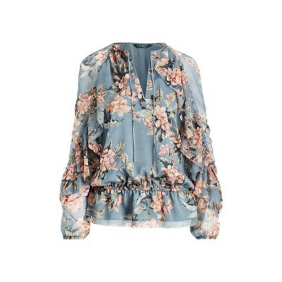 Ralph Lauren Floral Ruffled Georgette Top Teal Multi