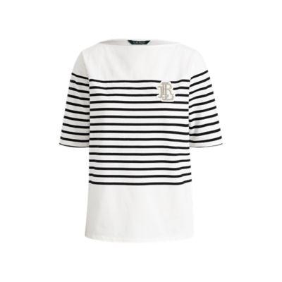 Ralph Lauren Striped Bullion Jersey Top Soft White/ Polo Black