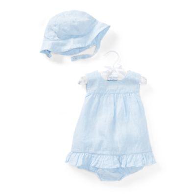 Ralph Lauren Linen Top, Bloomer & Hat Set Blue Heather 24m