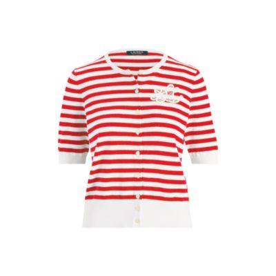 Ralph Lauren Monogram Striped Cardigan Lipstick Red/soft White Mp