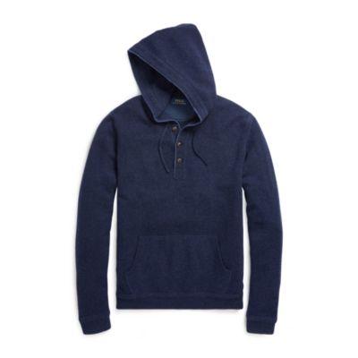 Ralph Lauren Merino Wool Henley Hoodie Medieval Blue Heather