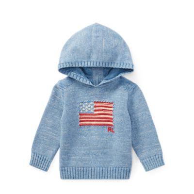 Ralph Lauren Intarsia Flag Cotton Hoodie Light Blue Indigo 12m