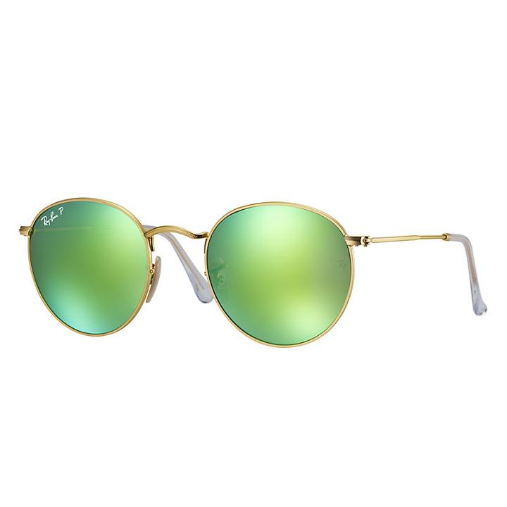 Ray-ban Round Gold Sunglasses, Polarized Green Flash Lenses - Rb3447