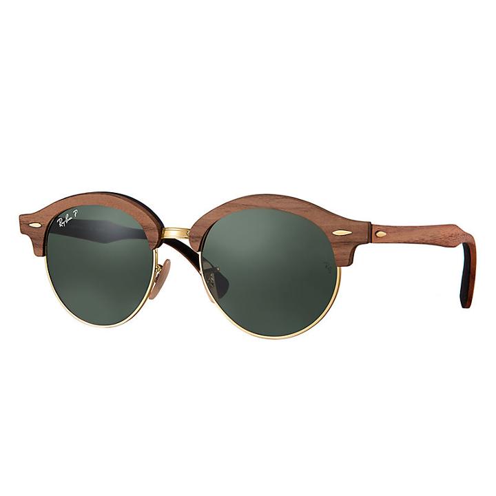 Ray-ban Clubround Wood Brown Sunglasses, Polarized Green Lenses - Rb4246m