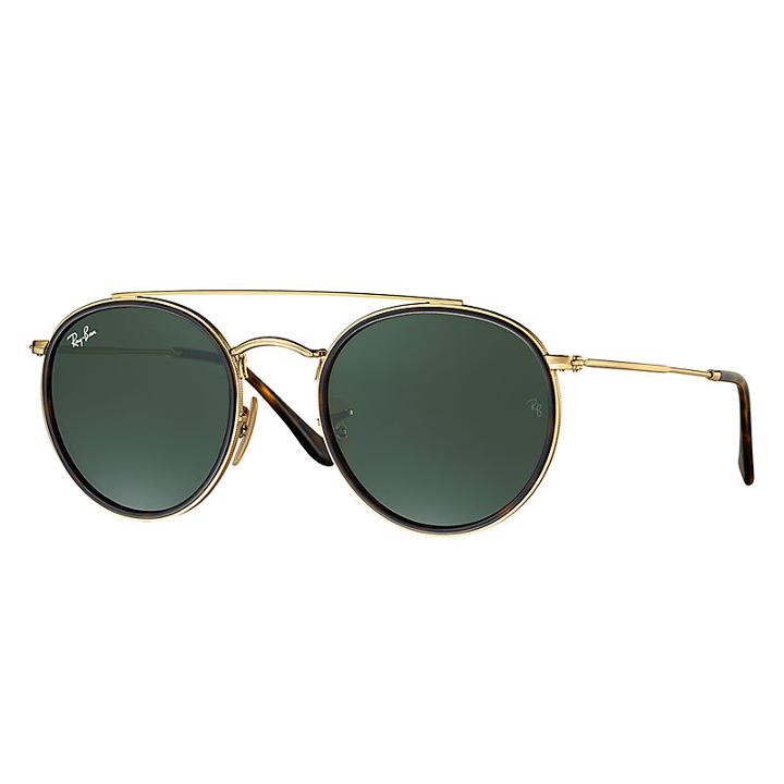 Ray-ban Men's Round Double Bridge Gold Sunglasses, Green Lenses - Rb3647n