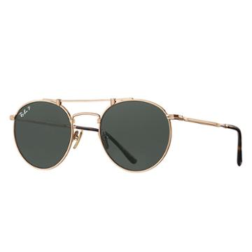 Ray-ban Round Titanium White Gold Sunglasses, Polarized Green Lenses - Rb8147m