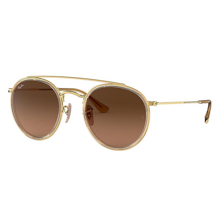 Ray-ban Round Double Bridge Gold Sunglasses, Brown Lenses - Rb3647n