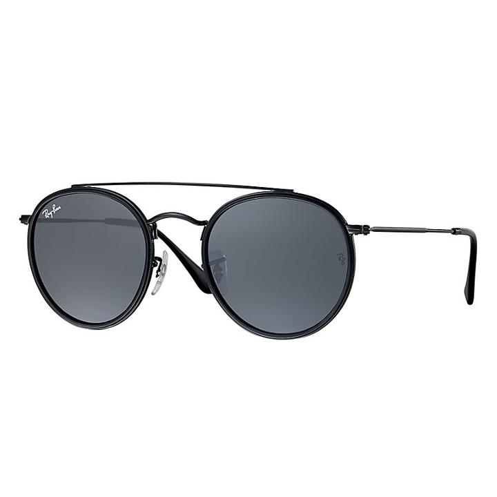 Ray-ban Men's Round Double Bridge Black Sunglasses, Blue Lenses - Rb3647n