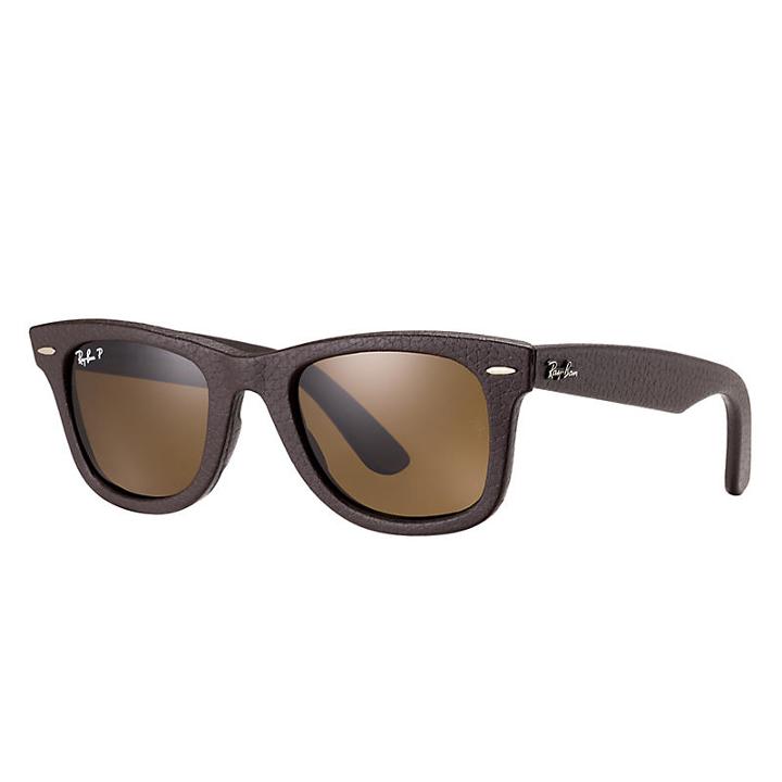 Ray-ban Wayfarer Leather Brown Sunglasses, Polarized Brown Sunglasses Lenses - Rb2140qm